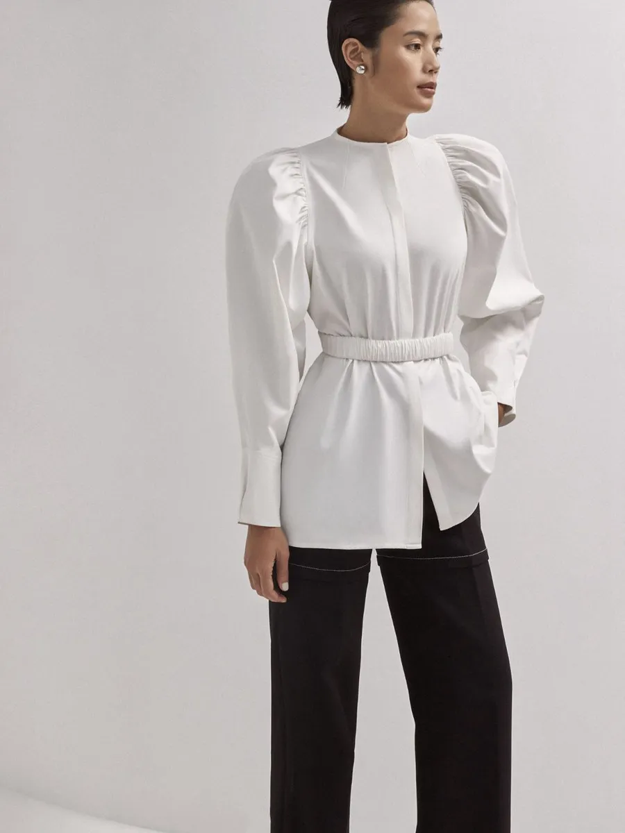 

Autumn and Winter New Shirt Women Puff Sleeves Round Neck Shirt Belted Top