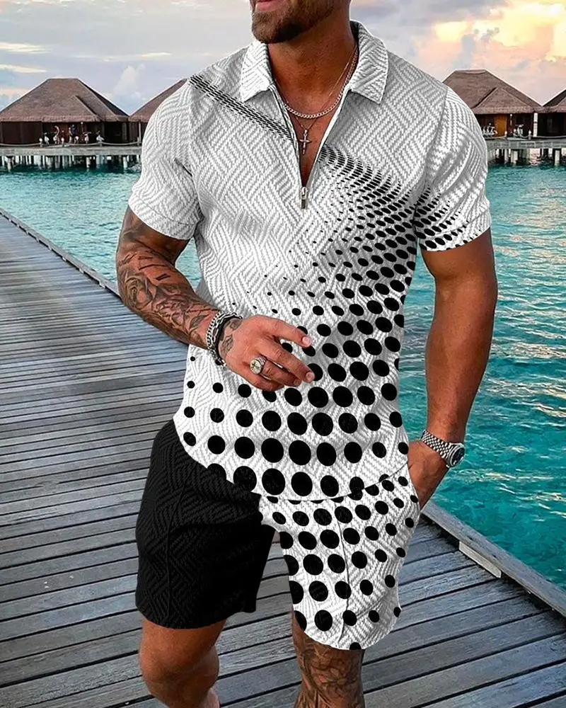 

New Summer Men's Casual Polo Set Hawaiian Street Fashion Trend 3D Gradient Zipper Short Sleeve T Shirt Shorts Two Piece Se