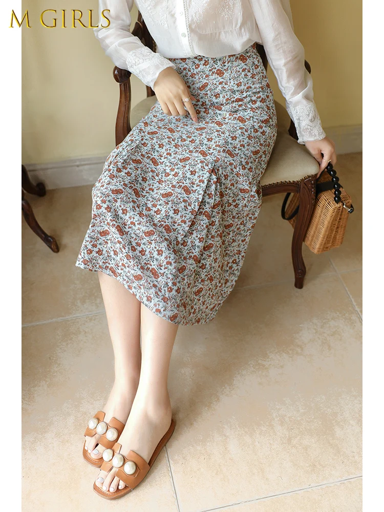 

M GIRLS 2021 Summer Skirts For Women Floral Vintage High Waist Sweet Skirt Mid Calf Elegant Retro Female Skirts