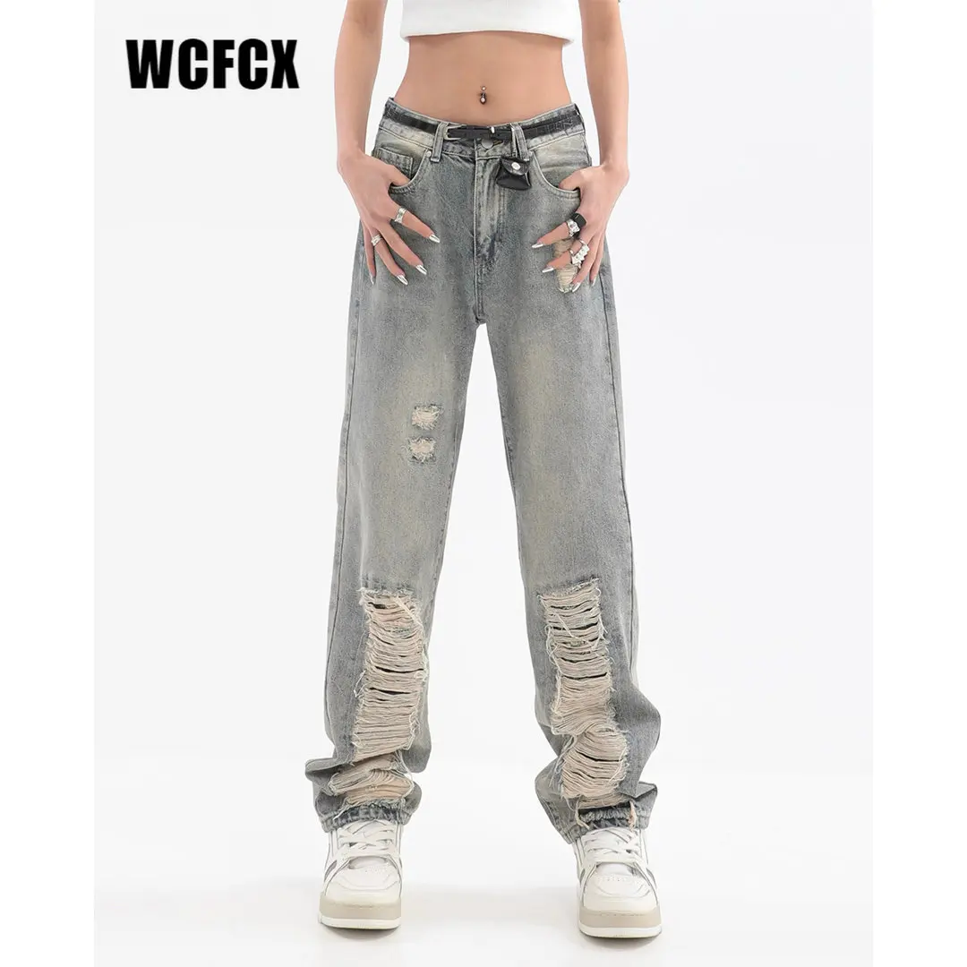 

WCFCX STUDIO Vintage Streetwear Dark Gray Jeans for Women Y2K High Waist Ripped Denim Trousers Female Loose Wide Leg Pants
