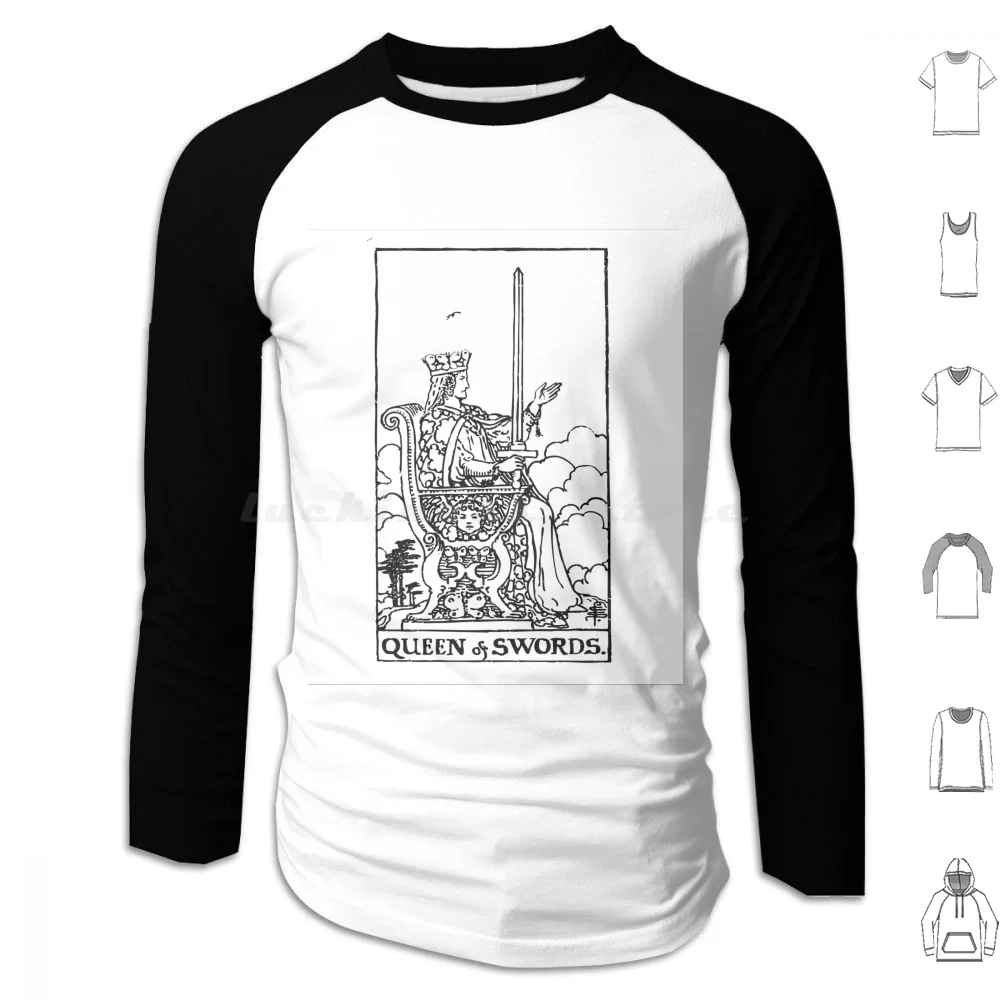 

Tarot Card : Queen Of Swords Black & Amp; Белый Толстовка из хлопка с длинным рукавом, Tarot Swords Queen Of Swords Rider Waite