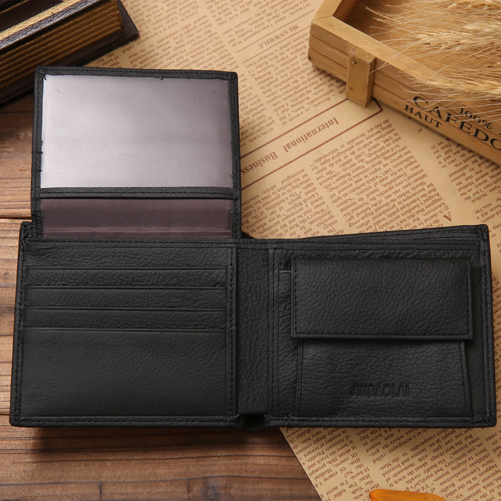

Genuine Cowhide Leather Wallet for Men Bifold Black Wallets Male Slim Mini Purse Card Holder Coin Purse Money Bag High Quality