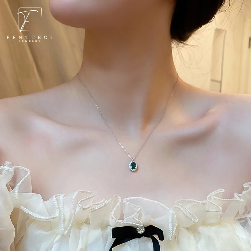 FENTTECI Classic S925 Sterling Silver High-end Luxury Emerald Necklace Zircon Gemstone Pendant for Women Jewelry Gift
