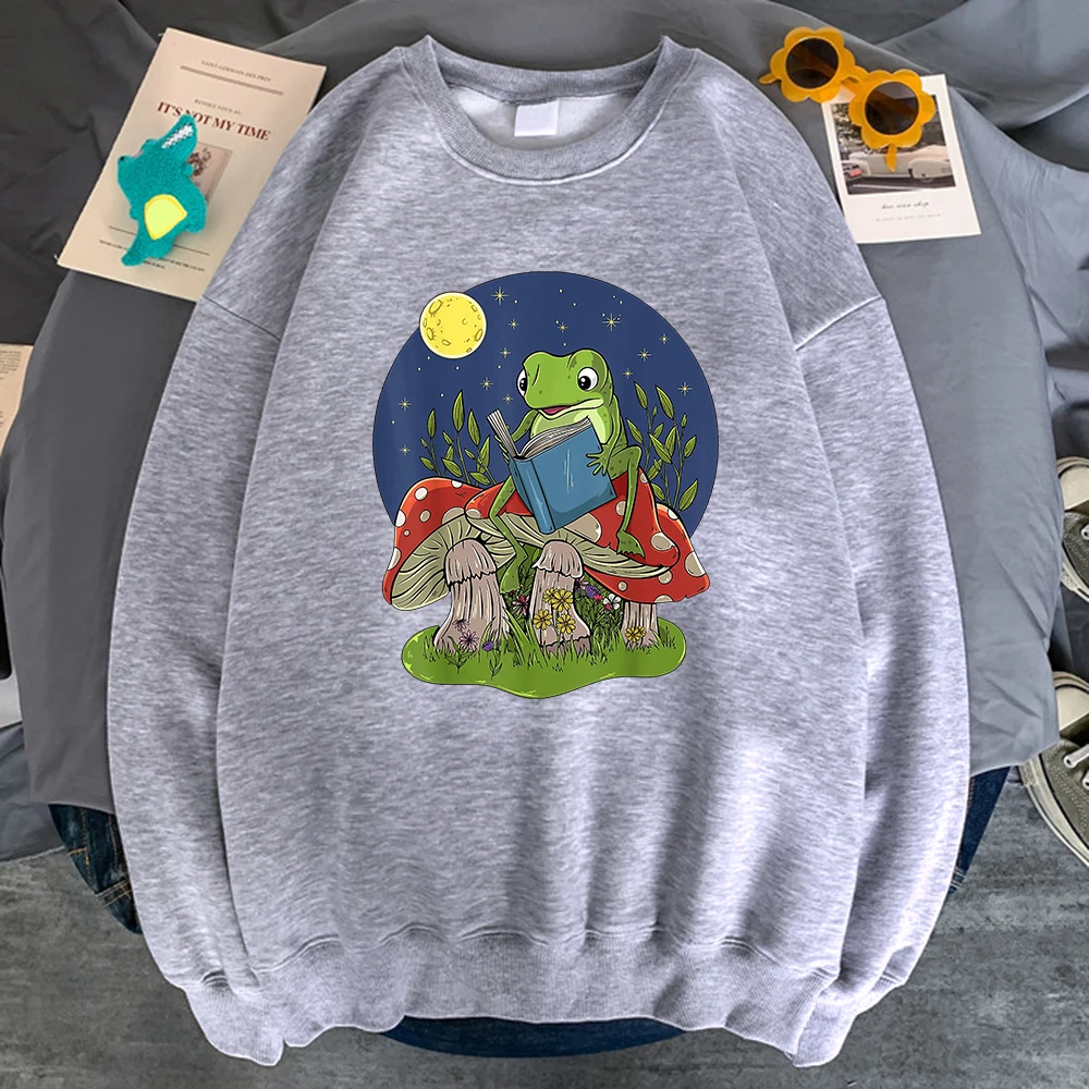 

Cottagecore Aesthetic Frog Vintage Reading Book On Mushroom Mens Hoody Fashion Loose Hoody Fleece Hoodie Pullover Man Clothes