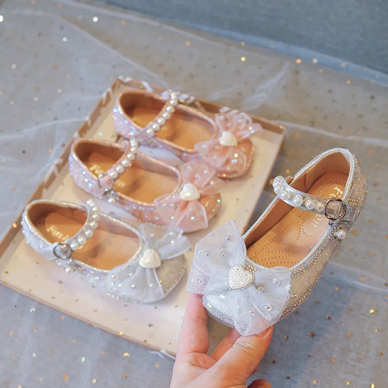 

Beaded Mary Janes Princess Shoes for Girls Crystal Heart-shape Shiny Glitter Kids Performance Shoes Lace Butterfly-knot F06203