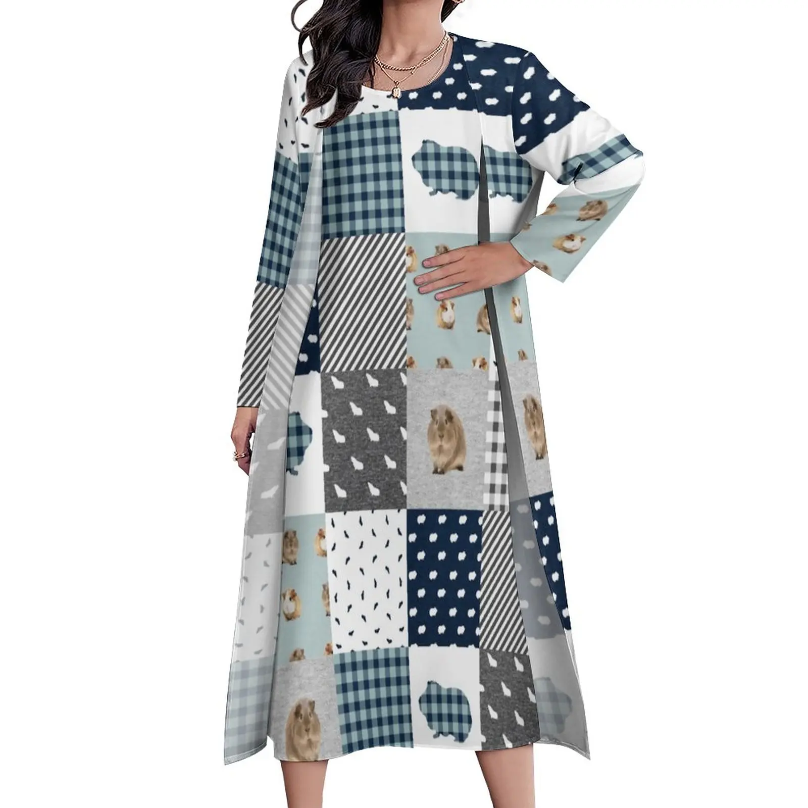 

Guinea Pig Print Dress Animal Plaid Vintage Maxi Dress Long Sleeve Custom Bohemia Long Dresses Aesthetic Oversized Clothes