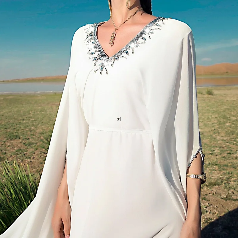 White Dubai Abayas for Women Ramadan Eid Muslim Evening Party Long Dress Plus Size Moroccan Luxury Caftan Robe Boubou Djellaba