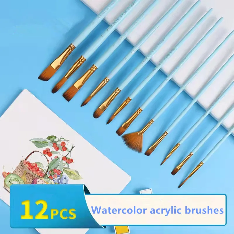 

12 нейлоновых шерстяных искусственных акварельных кистей, березовые шесты, искусственные акриловые кисти для рисования