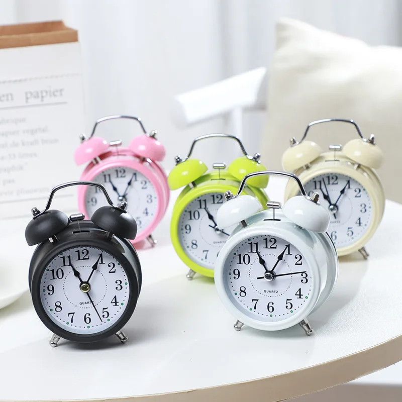 Mini Metal Small Alarm Clock Kids Alarm Clock Twin Bell Clock with Backlight Night Light Desk Table Clock Student Clock Alarm