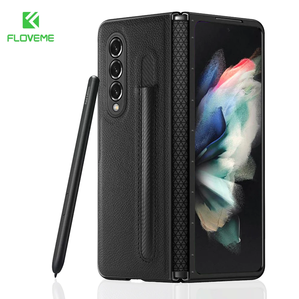 

FLOVEME For Samsung Galaxy Z Fold 3 5G Case Slim Design with S-Pen Socket Pen Slot Leather Cover For Samsung Z Fold3 Funda Capa