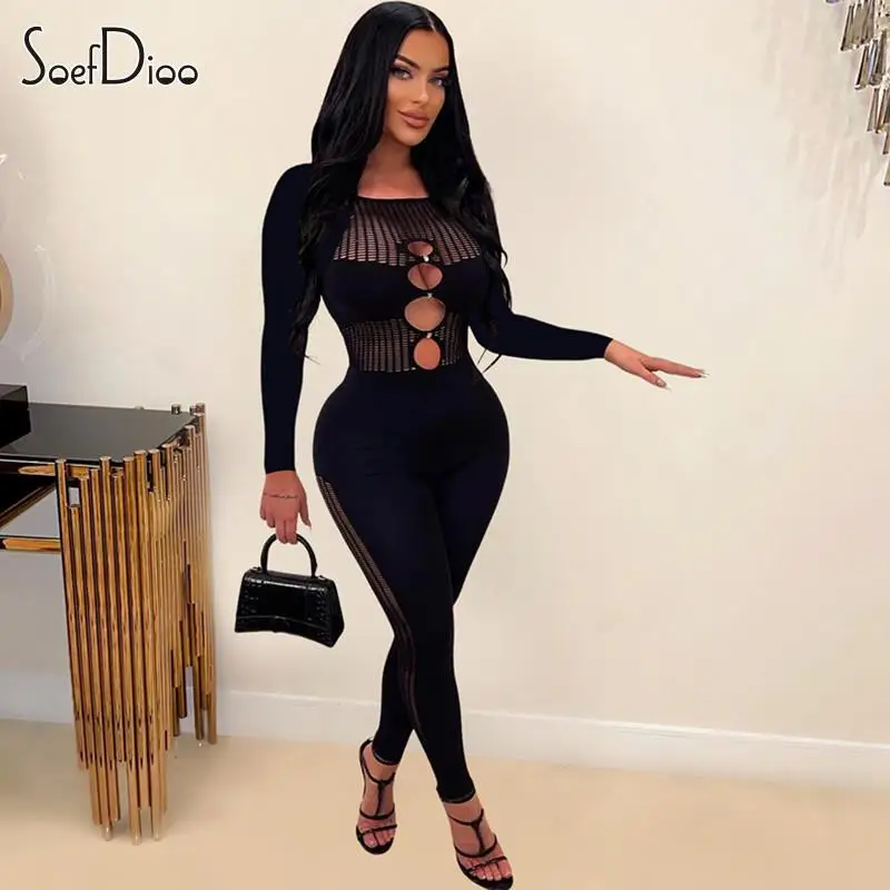 

Soefdioo Sexy Hollow Out Body-Shaping Jumpsuits Women Fashion Long Sleeve O-Neck One Piece Rompers 2024 Spring Midnight Clubwear