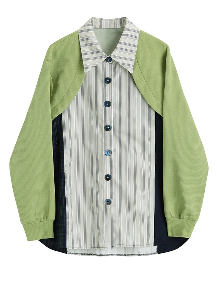 

Women Green Striped Color-block Big Size Blouse New Lapel Long Sleeve Loose Fit Shirt Fashion Spring Autumn 2023 M931