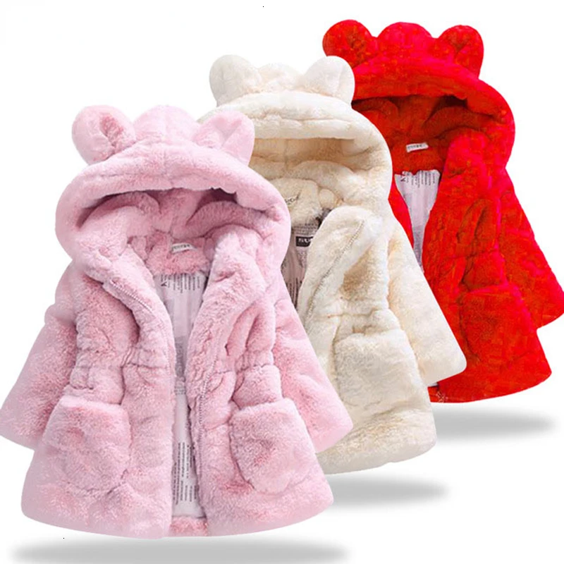 

New Winter Baby Girls Faux Fur Fleece Thick Jacket Kids Clothes Toddler Girl Pageant Warm Hooded Coat Xmas Snowsuit Outerwear