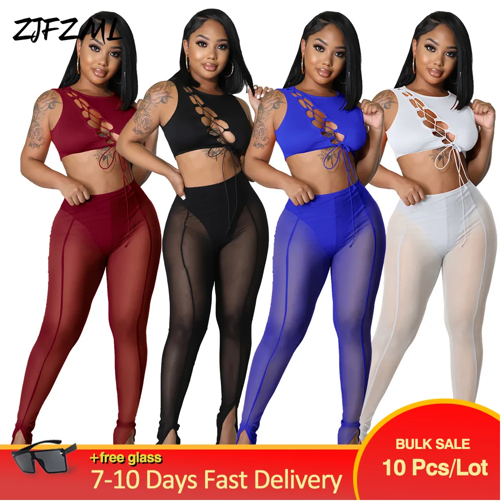 

Bulk Items Wholesale Lots Women's Clubwear Outfits Mesh Perspective Pants and Chest Hollow Out Vest Top 2 Piece Outfits Female