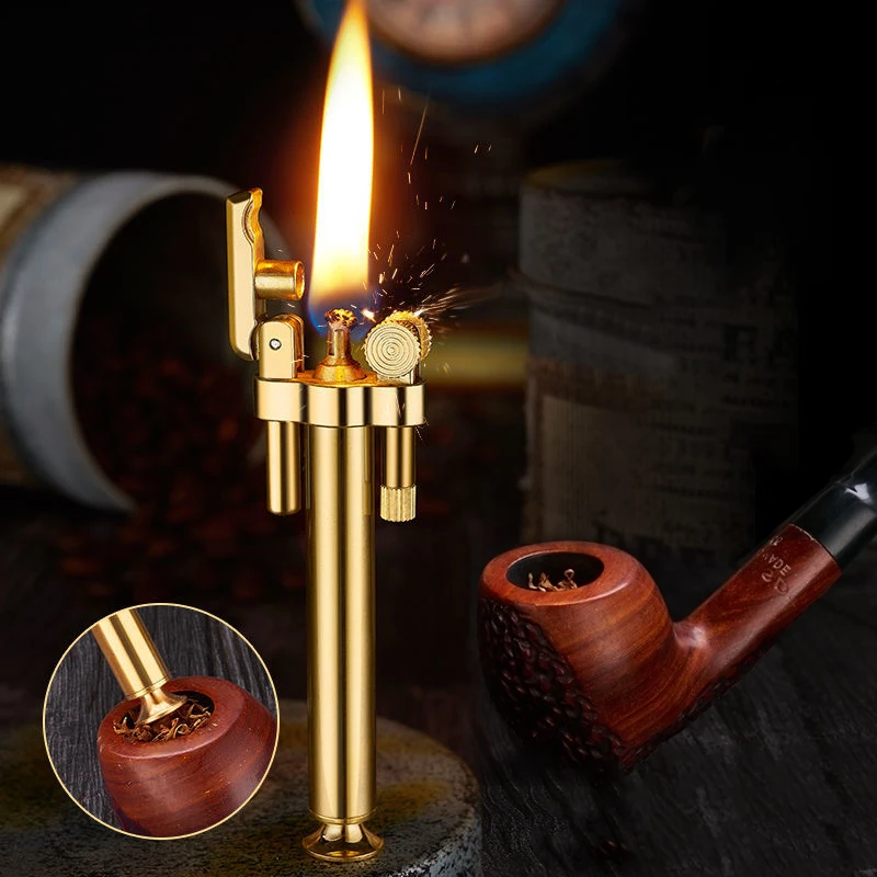 

Unusual Pure Copper Kerosene Lighter Metal Permanent Cotton Core Windproof Grinding Wheel Lighters Oil Pipe Fittings Detachable