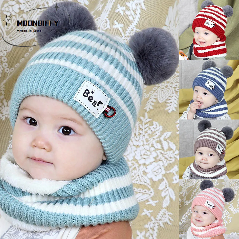 

Conjunto de gorro y bufanda para bebé y niña, pompón cálido, bufanda de punto de algodón, gorro de invierno,multicolor opcional