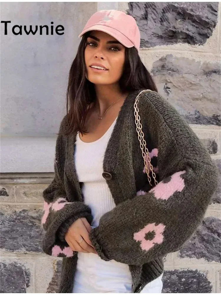 

Tawnie Casual Cardigan Sweater Knitted Long Sleeve Oversized Floral Embroidery V Neck 2023 Loosed Sweater Autumn Winter Women