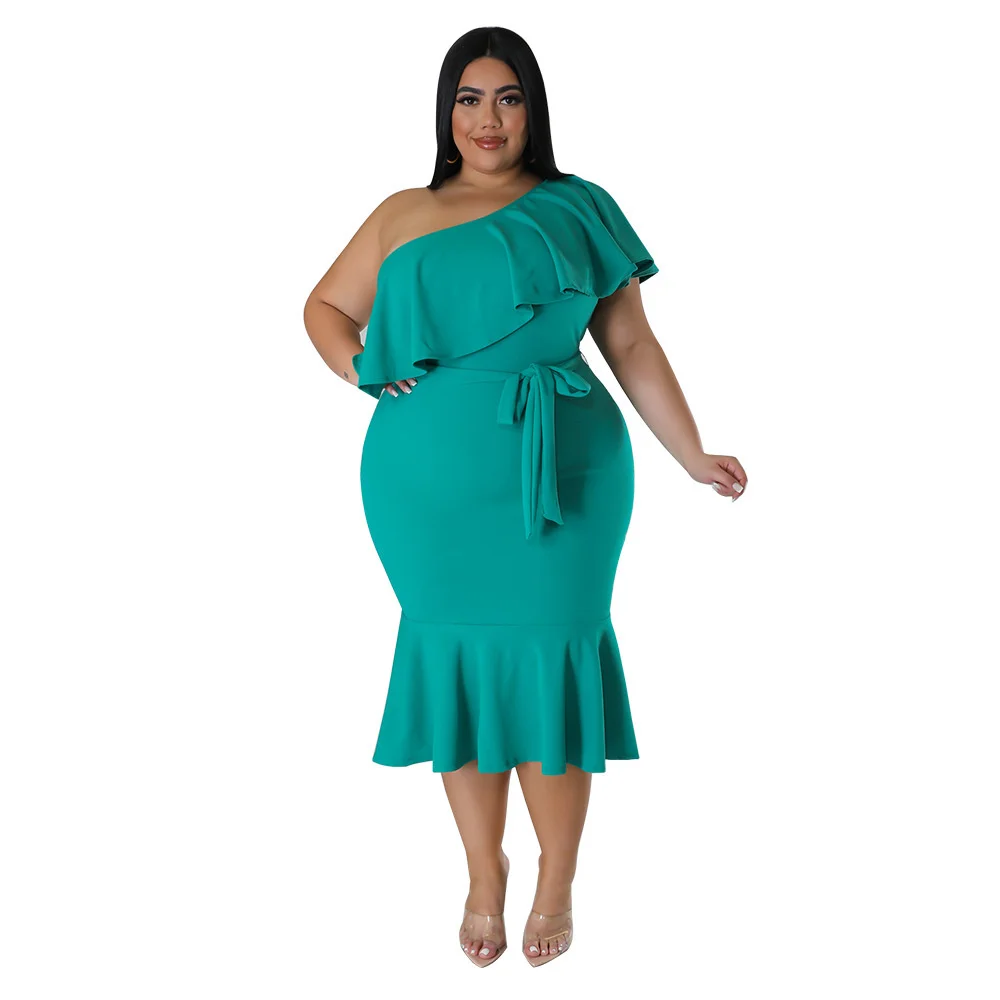 Plus Size Women's Dress Fashion Slim Casual Ruffle Edge Smocked Mid-length Dress Large Size Female Solid Color Elegant Dresses