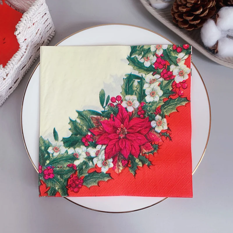 

2022 New 20Pcs/Bag Christmas Flowers Wreath Paper Napkins Merry Christmas Decoupage Serviettes for Xmas Party Tableware Decor