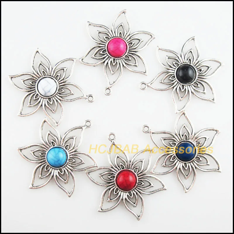 6 шт. тибетские посеребренные подвески в стиле ретро с цветами Смешанные акриловые Подвески 38x47 мм