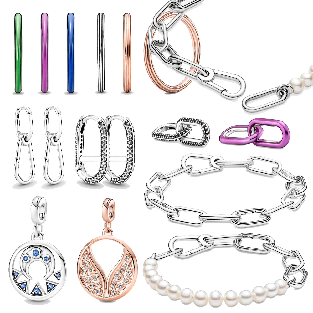 

ME Electric Blue Ring 925 Sterling Silver Bead Round Connector Charm Double fit Original Pandora Me Link Chain Bracelet Jewelry