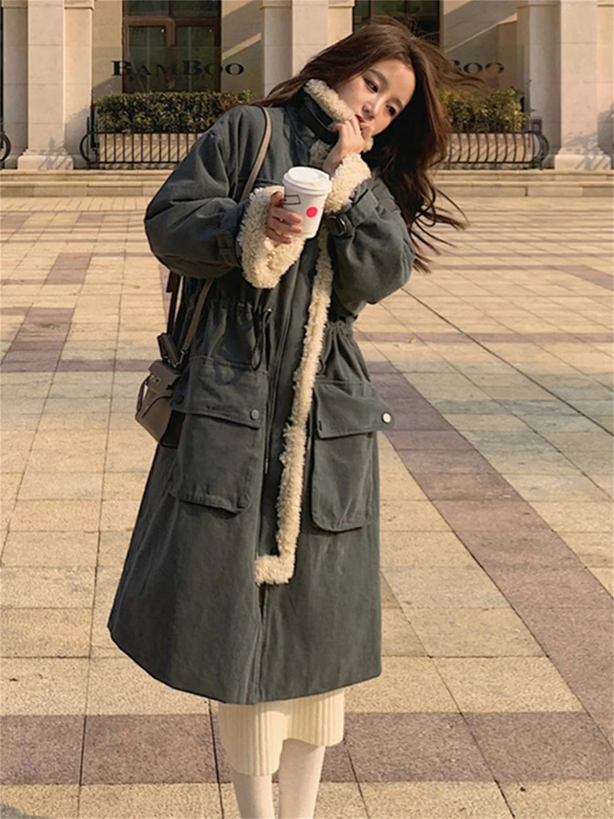 Grey Tooling Rabbit Hair Style Overcame Women's Winter Mid Length Over Knee Loose Thickened Plush Coat Cotton Coat 2022