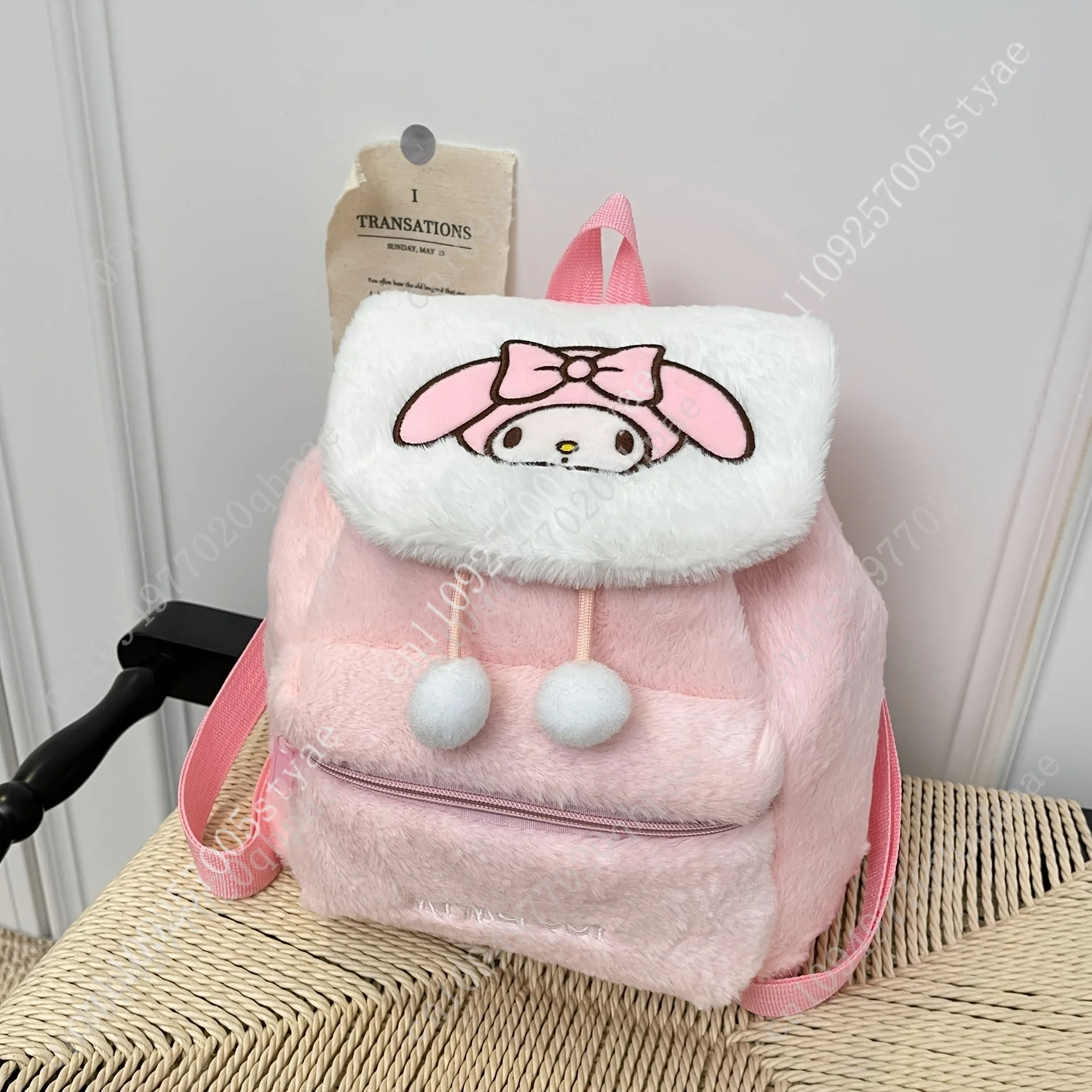 Женский рюкзак My Melody: плюшевая сумка через плечо в уличном стиле для кофейни, кампуса, поездок на работу, винтажный, универсальный, с бантом и помпонами (art.: 3920da5088871) - 3920da5088871