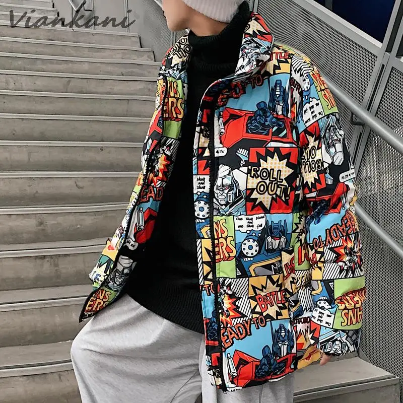 2022 Hip Hop Winter Men Parkas Casual Oversized Warm Korean Streetwear Cartoon Print Coat Fashion Thicken Zipper Mens Jackets
