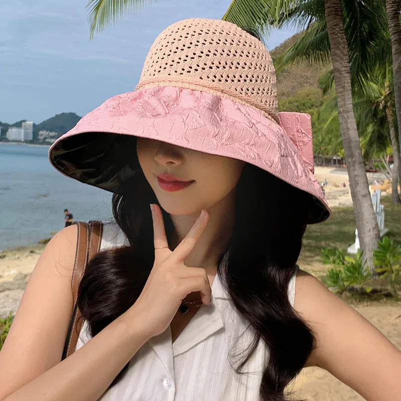 

Корейские женские шапки пэчворк для защиты от солнца 2023 летние широкие поля с вырезами спортивные солнцезащитные кепки женская уличная Рыбацкая шляпа H038