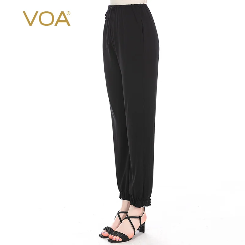 (Clearance Sale) VOA Silk Double Knit Soft Waxy Summer Trousers Elastic Waist Yoga Fitness Running Casual Pants for Woman KE83