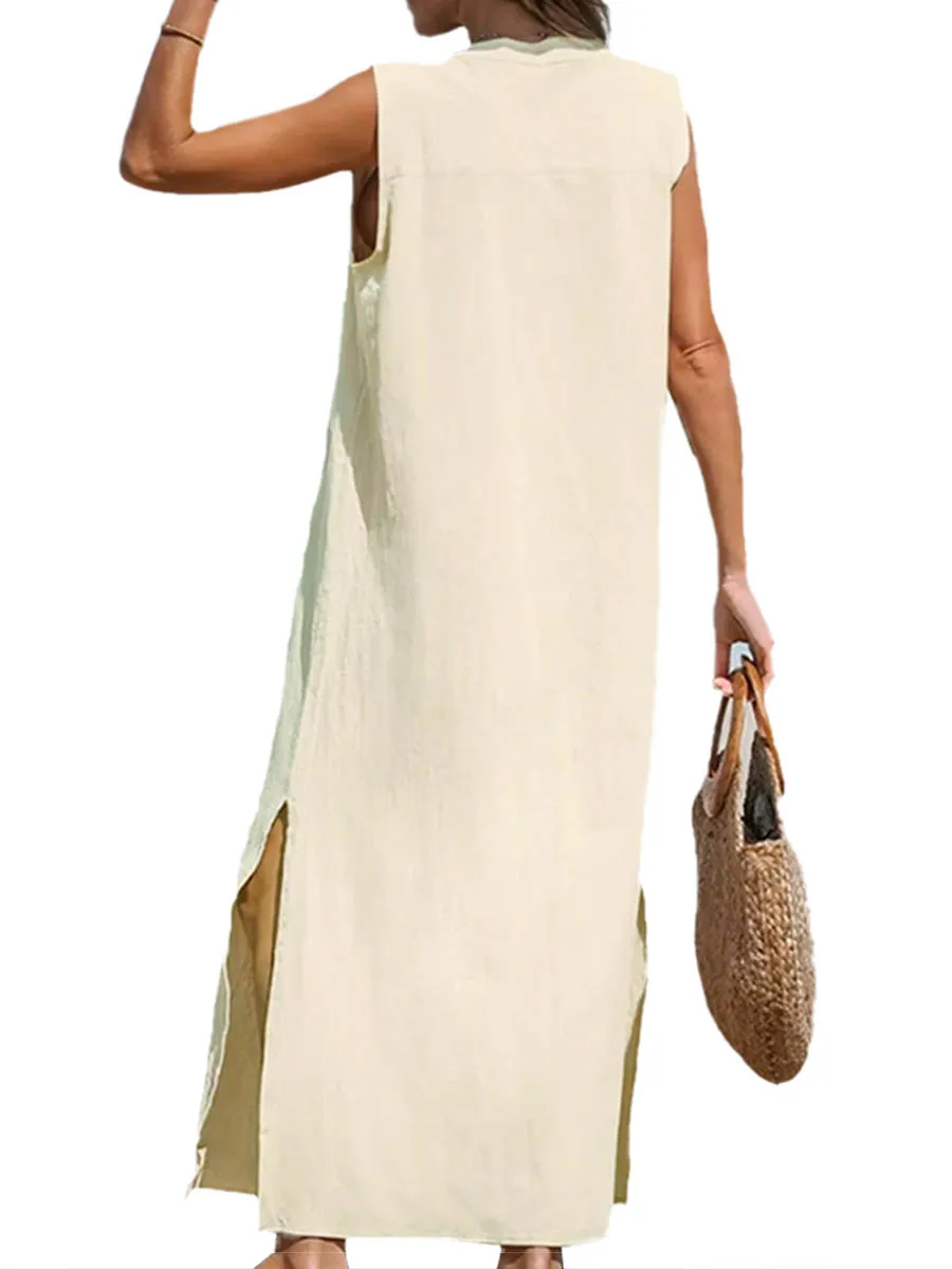 

Женское свободное платье-рубашка, Повседневное платье на пуговицах с коротким рукавом, платья миди с Боковым Разрезом и карманами