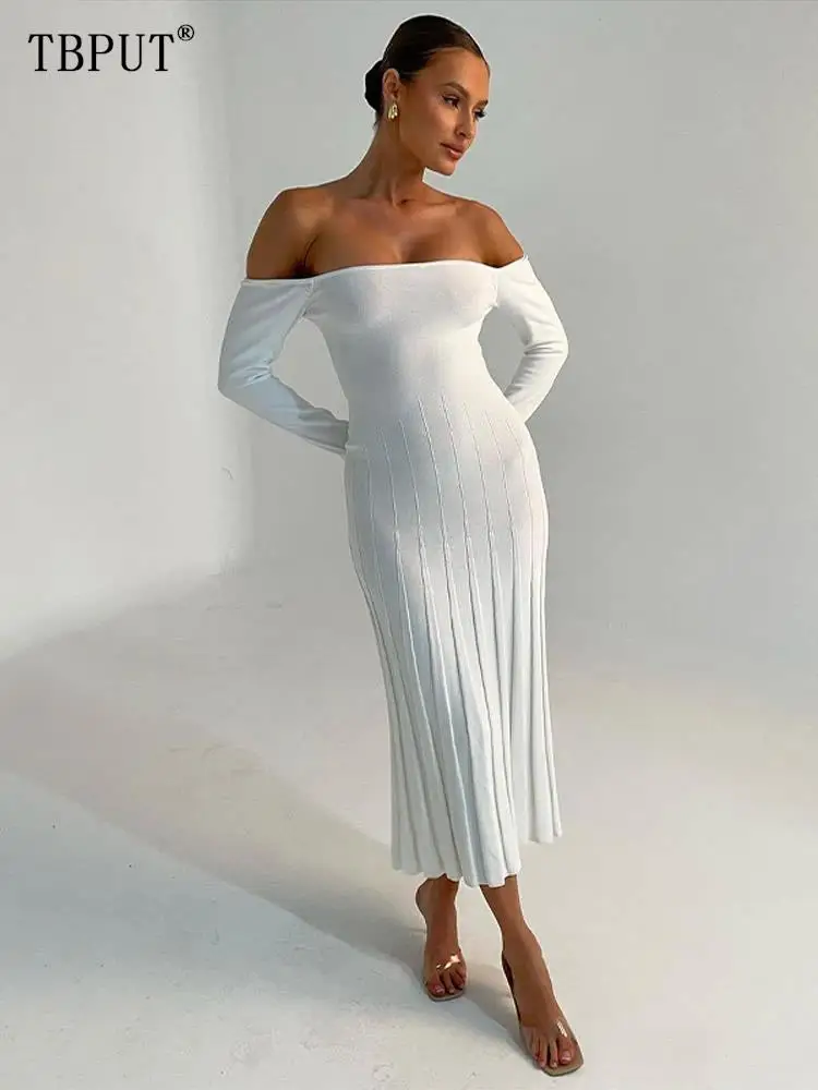 

Elegant Solid Black Knitted Long Dress Sexy Slim Off Shoulder Long Sleeve Robes Autumn Female Chest Wrapping Party Evening Dress