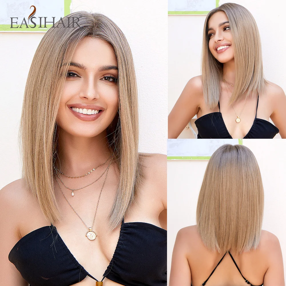 

EASIHAIR Shoulder Length Lace Synthetic Wigs Light Brown Golden Short Straight T Part Lace Hairs for Women Daily Heat Resistant