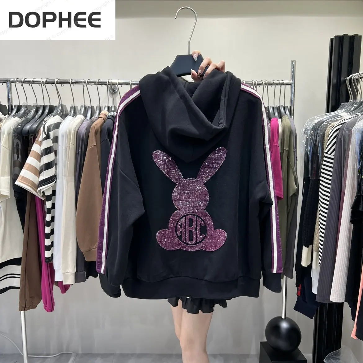 New Spring Autumn Hooded Sweatshirt 2022 Trendy Zipper Cardigans Coat Back Sequins Cartoon Loose Long Sleeve Hoodies Tops Casual