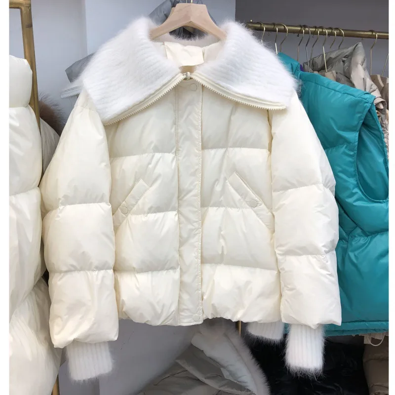 

Новинка 2023, пуховик из хлопка, Женское зимнее свободное приталенное белое пальто высокого качества с меховым воротником