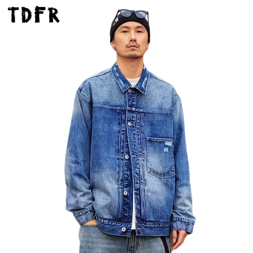 

Ripped Denim Jacket Mens Washed Distressed Spring Autumn Retro Casual Loose Lapel Single Breasted Jeans Jacket