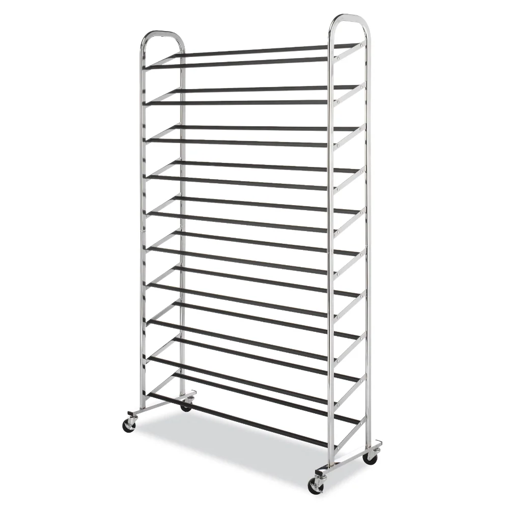 Whitmor 10-Tier Rolling 50 Pair Shoe Rack, Metal, Chrome