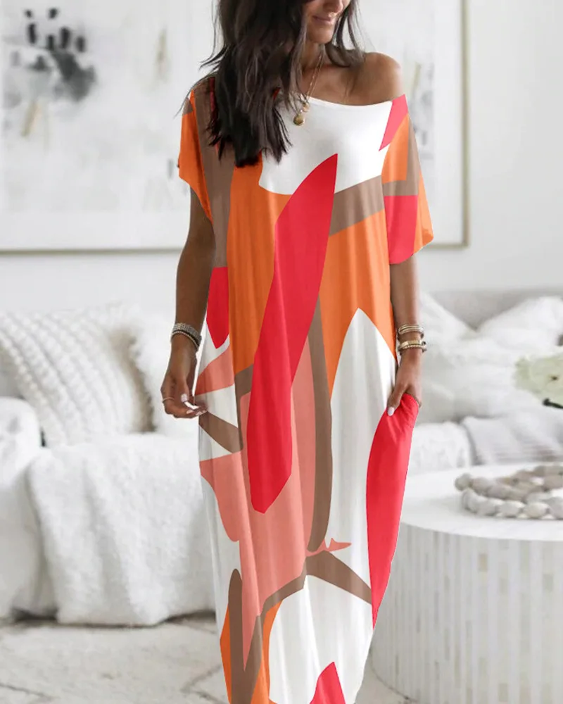 

Women Dress Color Print Off-the-shoulder Short Sleeve Sexy Slanted Collar Loose Pocket Long Ankle Leisure Home Spring And Summer
