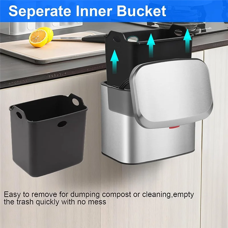

Подвесной контейнер для компоста из нержавеющей стали, 1,05 галлона, настенный мусорный бак с крышкой, мусорный бак для кухонного шкафа, дверца раковины GSY