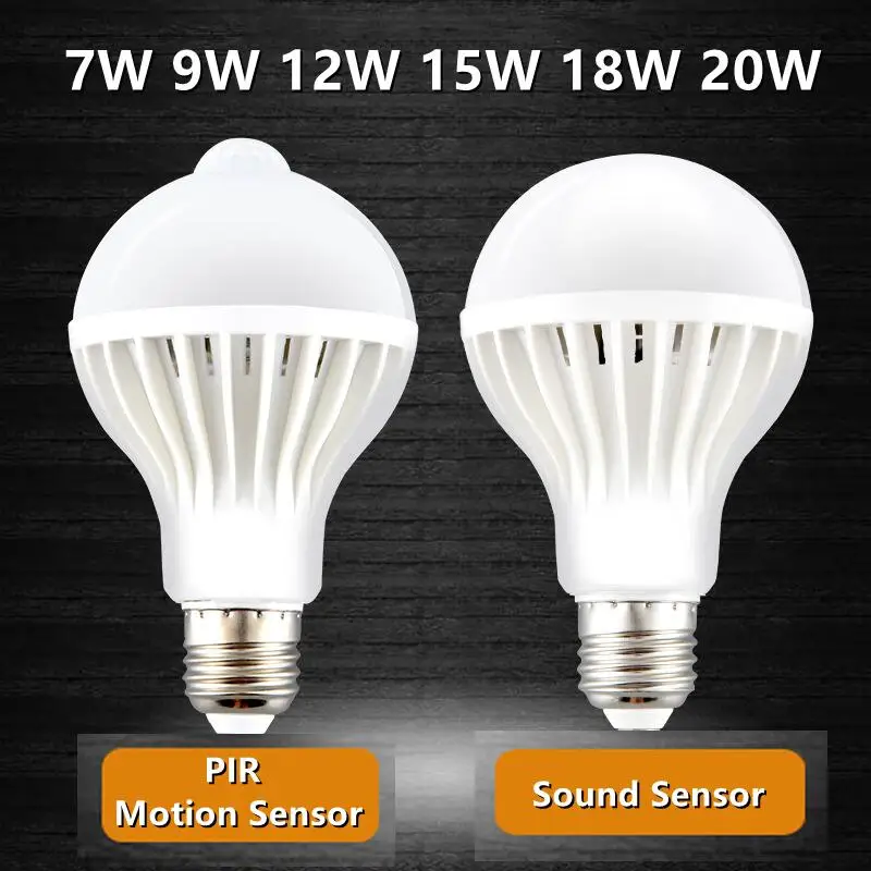 

NEW LED E27 Sound Sensor PIR Motion Sensor Lamp 7W 9W 12W 15W 18W 20W AC85V-265V Lampada Stair Entrance Corridor Hallway Light