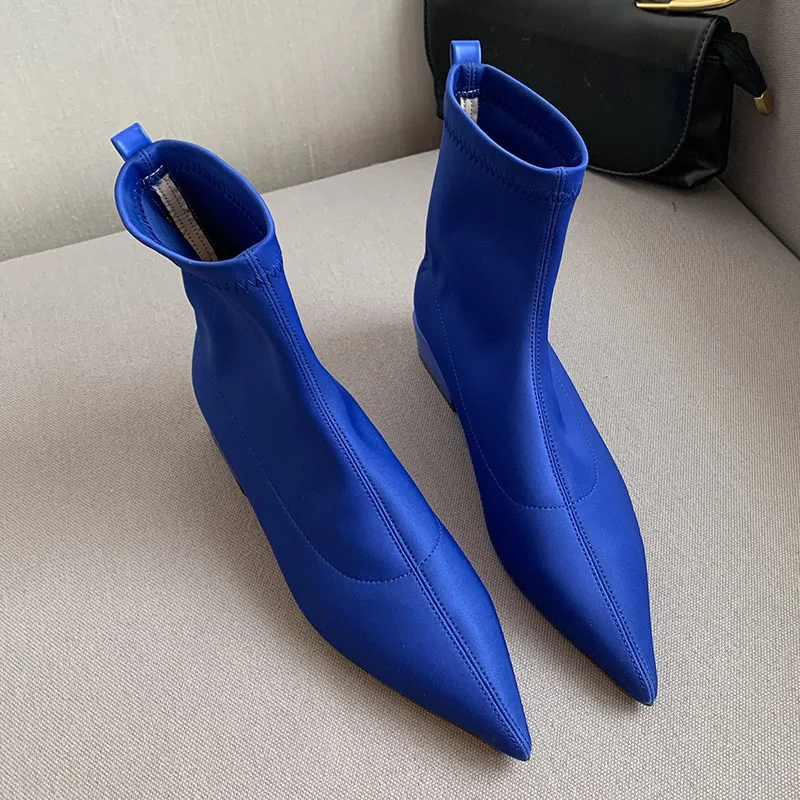 

Женские ботинки-носки из эластичной ткани, синие ботинки челси с острым носком, без застежки, на низком каблуке, 2022