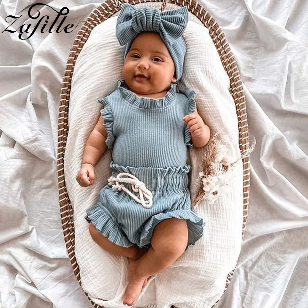 

ZAFILLE Summer Baby Girls Clothing Set Sleeveless Bodysuit+Shorts Casual Clothes For Newborns Kids Outfits Cute Children Suits