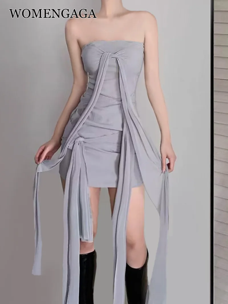 

WOMENGAGA Design Fashion Spicy Girl Dress Elegant For Women 2023 New Mesh One Shoulder Strap Short Breast Wrapping Tops 22DR