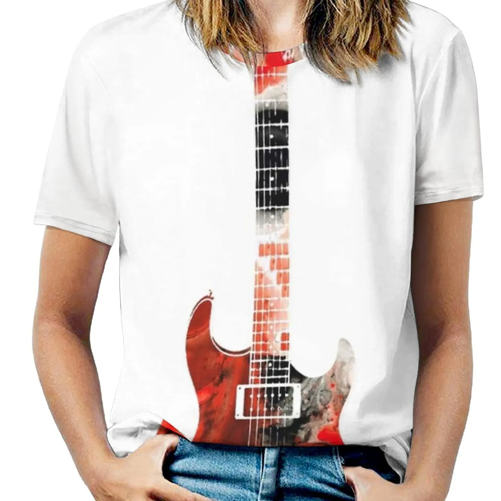 Electric Guitar-Colorful Abstract Musical Instrument By Fashion Print Women Ladies Girls T-Shirt Harajuku Round Neck Short