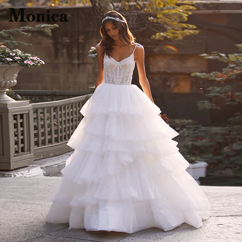 

MONICA Modern V-Neck Wedding Dresses For Bride Tiered Appliques Spaghetti Straps Backless Tulle Sleeveless Court Train A-LINE