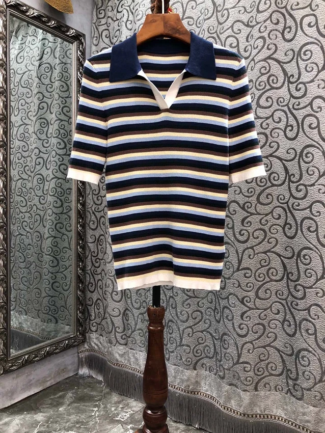 

2022 new women fashion short-sleeved casual striped colorblock lapel simple slim fit knitted top 825