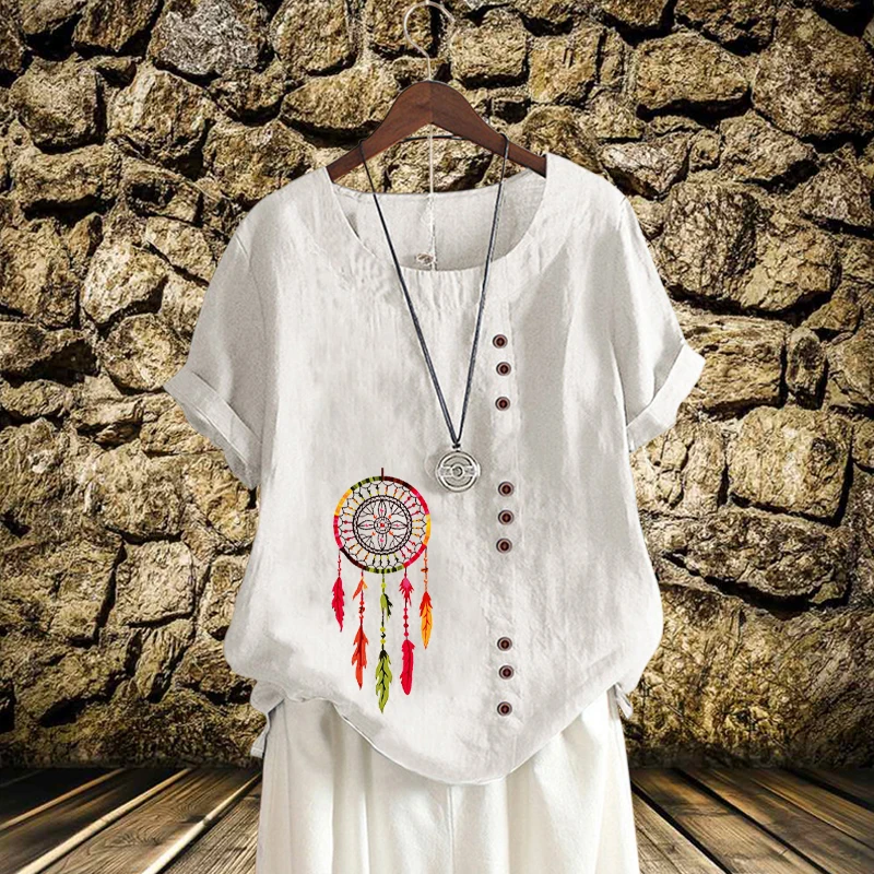 

Женская льняная блузка в стиле «Ловец снов», с круглым вырезом и коротким рукавом