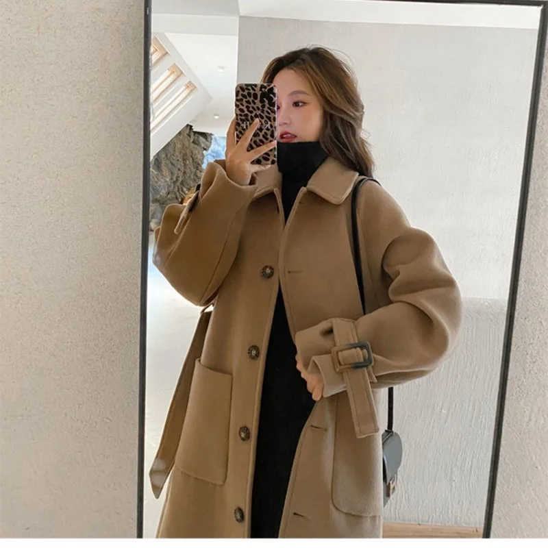 Woolen Coat Thick Women's Mid-length Autumn New Loose Woolen Coat Winter  Overcoat Camel Korean Fashion Wool Coats and Jackets