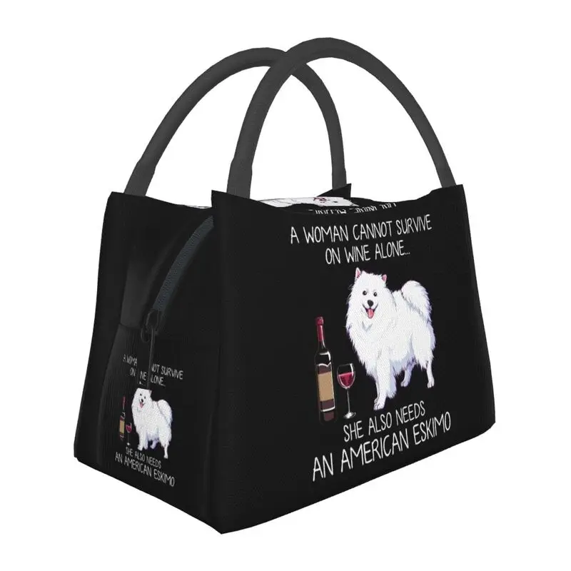 

American Eskimo And Wine Funny Dog Insulated Lunch Tote Bag for Pet Puppy Lover Portable Cooler Thermal Bento Box Camping Travel