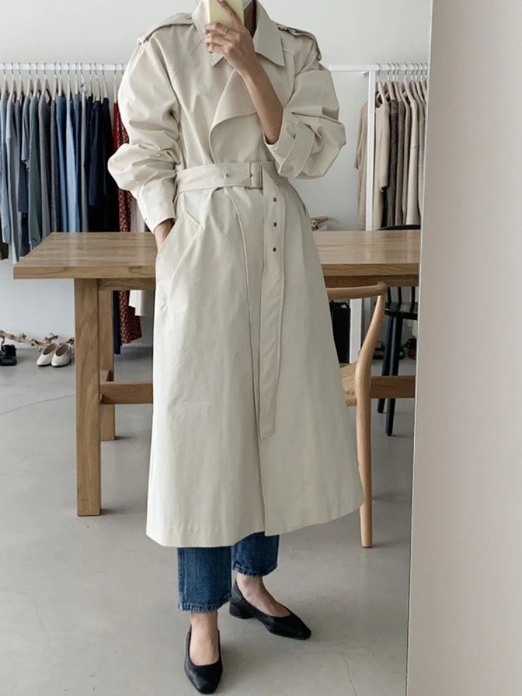 Korean Autumn British Style Lapel Temperament All-match Loose Mid-length Trench Coat with Belt Clothes